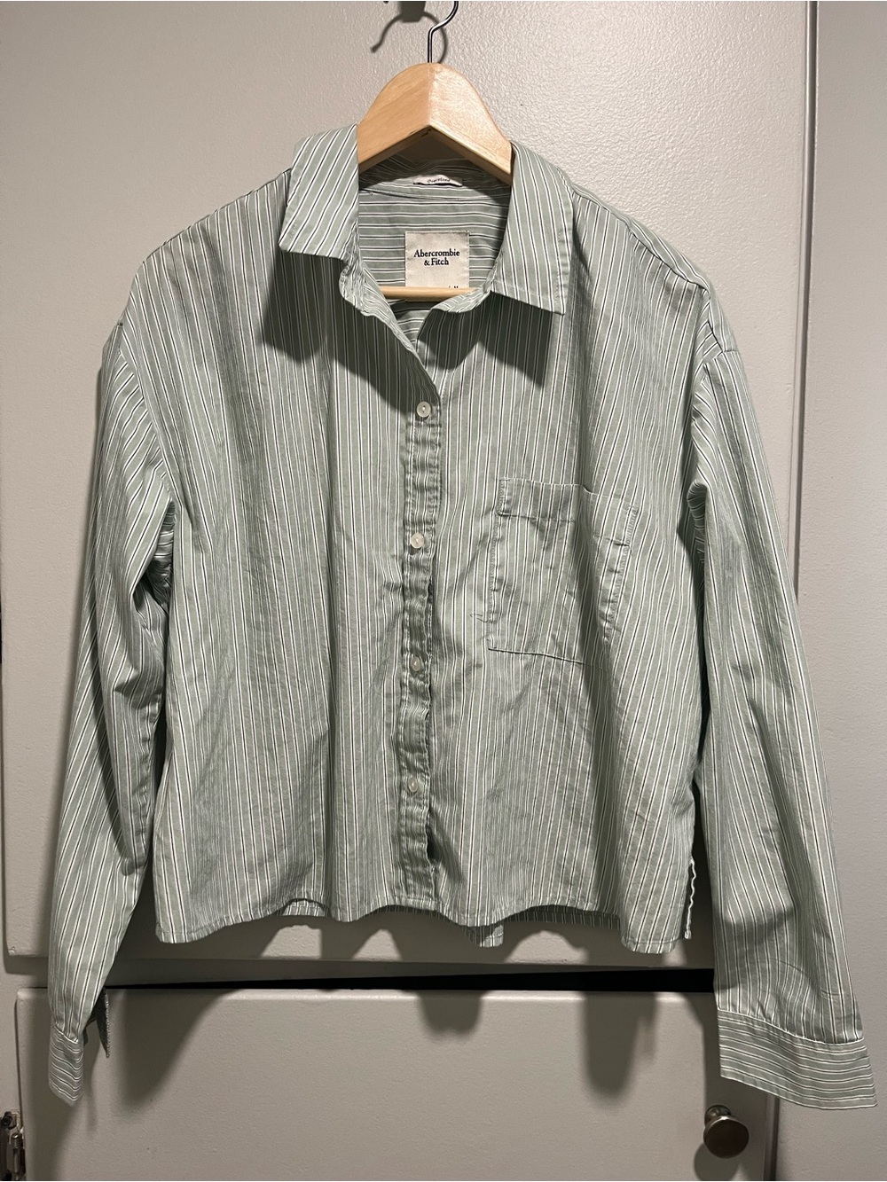 Abercrombie & Fitch Light Green Cropped Striped Button-Down Shirt